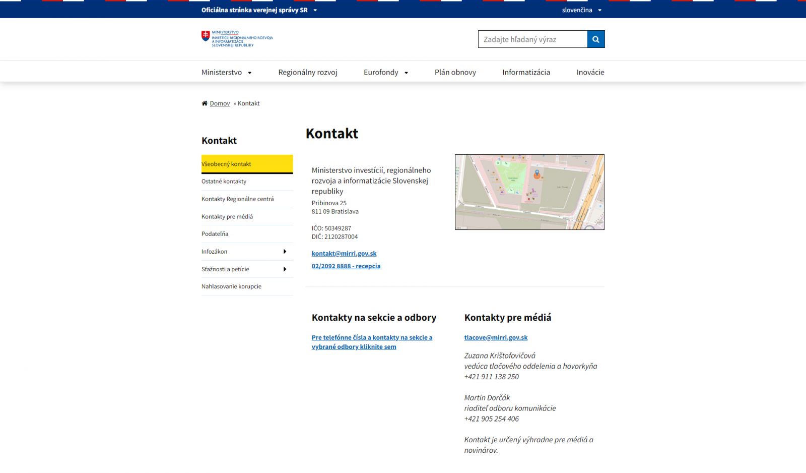 Ministerstvo investícií, regionálneho rozvoja a informatizácie kontakt
